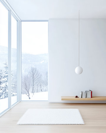 A bright and spacious living area showcases large windows with a snowy landscape outside. Soft white rug and minimalist decor create a serene atmosphere, perfect for winter relaxation.の素材