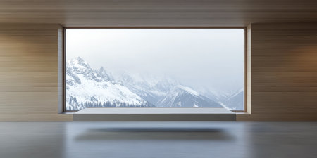 A sleek, minimalist room features a wide window with a stunning view of misty snow-covered mountains. The tranquil scene invites relaxation and reflection.の素材