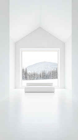 This space features a white minimalist interior, showcasing a simple couch and a large window that provides a stunning view of snowy mountains and trees outside.の素材