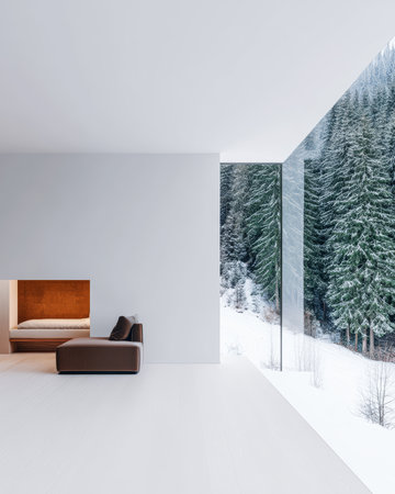 Warm and inviting space featuring a cozy seating area and an open view of a snowy forest outside. Natural light fills the room through expansive windows, creating a serene atmosphere.の素材