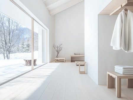 Bright and spacious room with light wood accents, large windows displaying a snowy scene outside. Soft fabrics and natural elements create a serene atmosphere perfect for relaxation.の素材