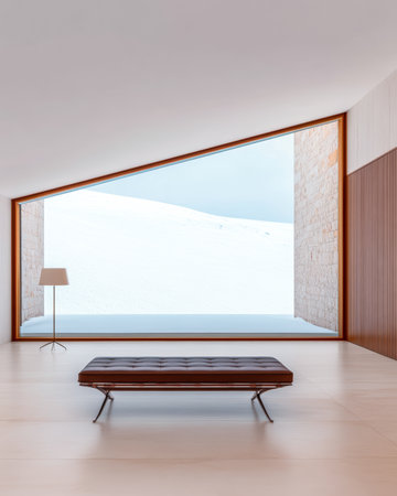 A stylish interior space features a rectangular bench positioned in front of a large window, revealing a serene snowy landscape outside. Natural light fills the room.の素材