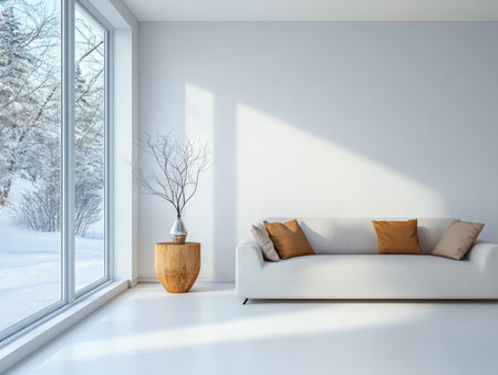 A bright and airy living room showcases a stylish white sofa adorned with pillows, a wooden stool with a plant, and large windows bringing in winter scenery and natural light.の素材
