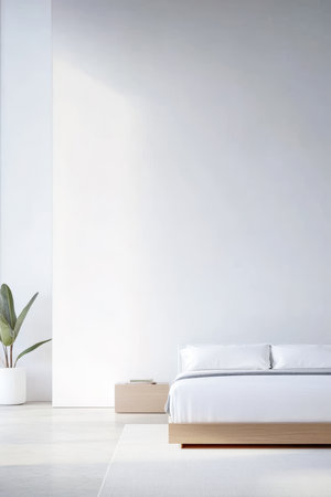 A spacious bedroom features a simple bed with clean lines and a potted plant beside it. Natural light floods in, creating a serene and airy atmosphere.の素材