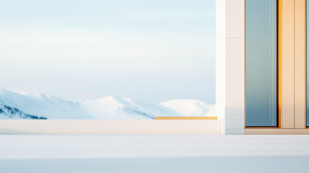 A contemporary structure with large glass doors offers a stunning view of snowy mountains. The clean lines highlight minimalist design against a serene winter backdrop.の素材