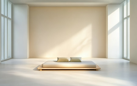 This calm indoor area showcases a low bed with two green cushions. Sunlight filters through large windows, illuminating the floor and white walls in a soothing atmosphere.の素材