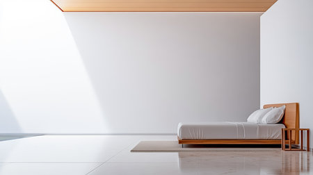 A bright and spacious bedroom showcases a simple wooden bed and a small side table. Sunlight streams through a window, creating a calm and inviting atmosphere.の素材