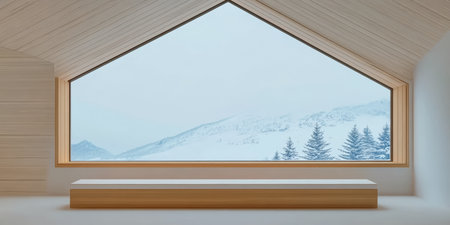 A sleek interior features a spacious window with a stunning view of snow-covered mountains and evergreen trees, creating a peaceful winter atmosphere.の素材