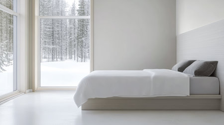 A sleek bedroom features a minimalist design with a bed and soft linens. Large windows reveal a serene snowy forest outside, creating a peaceful winter atmosphere.の素材