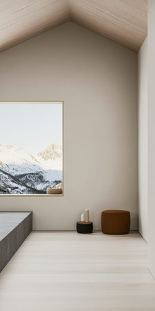 This serene indoor space features a large window with a stunning mountain view. Warm colors enhance the relaxed ambiance, making it a perfect retreat.の素材