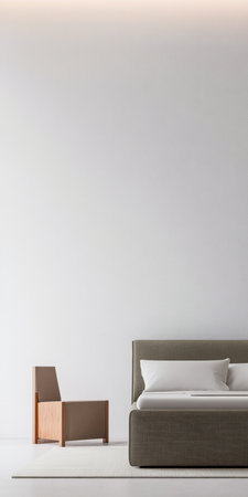 This cozy bedroom showcases minimalist design with a soft bed and a simple wooden chair. The calm atmosphere emphasizes clean lines and a soothing color palette, ideal for relaxation.の素材