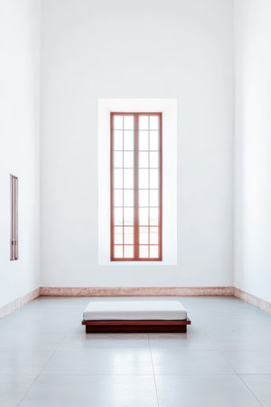 A spacious room presents a simple white platform centered on the floor. Large windows allow natural light to fill the area, creating a calm and serene atmosphere.の素材