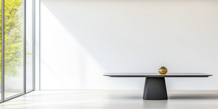 A minimalistic room showcases a stylish black table adorned with a small plant. Natural light streams through a large window, illuminating the clean lines and open space.の素材