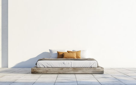 A serene bedroom features a wooden bed frame placed on a tiled floor. Soft cushions add a cozy touch, while bright sunlight illuminates the space, enhancing its calm ambiance.の素材