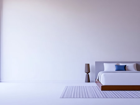 This modern bedroom showcases a clean layout with a large bed, minimalist decor, and subtle color palette. The space emphasizes simplicity and tranquility perfect for relaxation.の素材