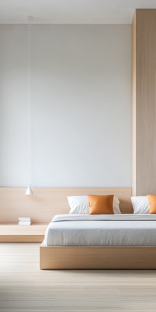 This stylish bedroom showcases a minimalist design with a wooden bed frame, light color scheme, and decorative orange pillows. The space emphasizes comfort and simplicity.の素材