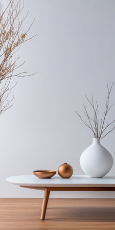 A stylish wooden table holds a white vase with dry branches, a copper ornament, and a bowl. The setting exudes minimalism and tranquility, perfect for a modern space.の素材