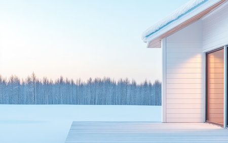 A modern house stands beside a snowy field surrounded by tall trees. The early morning light casts a soft glow, creating a peaceful winter scene.の素材