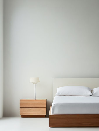 A clean and modern bedroom showcases a wooden bed with white bedding next to a nightstand. A simple lamp illuminates the space, enhancing the calm atmosphere.の素材