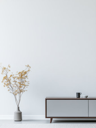 A stylish living room showcases a sleek storage unit, a vase with dried flowers, and a simple cup and bowl. The space has a calm, minimalist atmosphere and light colors.の素材