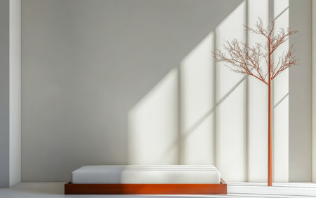 A serene bedroom scene showcases a simple bed with a wooden base, complemented by a striking tree sculpture. Soft light filters through, enhancing the minimalist aesthetic.の素材