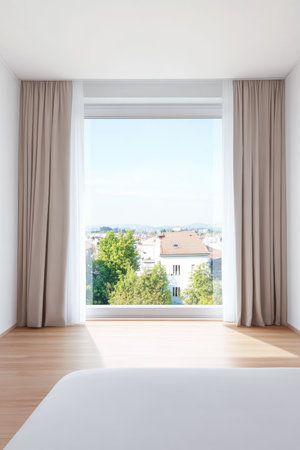 Bright and spacious bedroom features a large window with white curtains, revealing a clear view of trees and buildings under a clear blue sky. The room has a wooden floor and minimalistic design.の素材