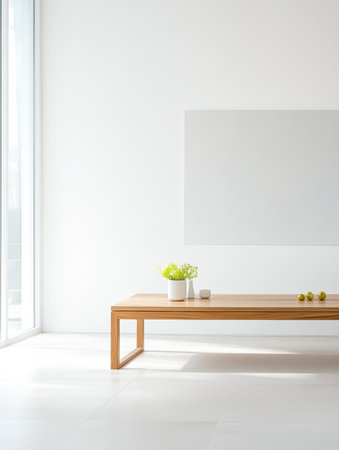 A bright and minimalist living room features a simple wooden table decorated with a small pot of green plants and a few scattered limes. Floor-to-ceiling windows bring in natural light.の素材
