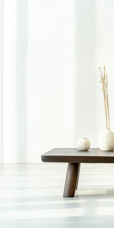Sunlight filters through large windows, illuminating a wooden table in a minimalist room. Simple ceramic vases with delicate plants add a serene touch to the modern space.の素材