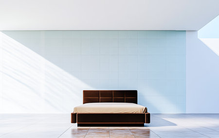 A minimalist bedroom showcases a brown bed with a tan blanket placed on a glossy floor. Soft natural light floods the space, highlighting the simplicity and tranquility.の素材