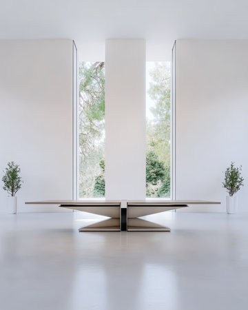 A spacious living room features a stylish coffee table at the center, surrounded by minimal decor and large windows that offer a view of green trees under soft natural light.の素材