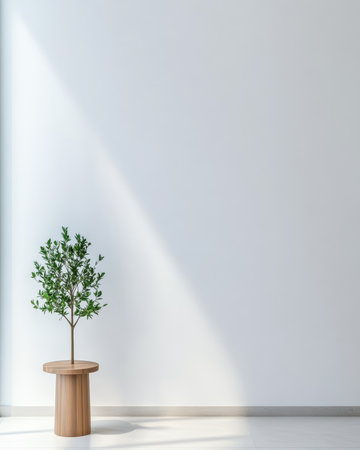 A small indoor tree stands on a wooden stool, bringing life to a minimalistic room. Natural light fills the space, highlighting the fresh greenery against white walls.の素材