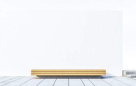 A sleek wooden bench rests below a blank white wall, set on tiled flooring. The design showcases simplicity with clean lines, ideal for modern spaces.の素材