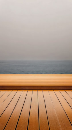 A serene wooden deck overlooks a tranquil body of water, shrouded in mist during the early morning hours. The peaceful scene invites relaxation and reflection.の素材