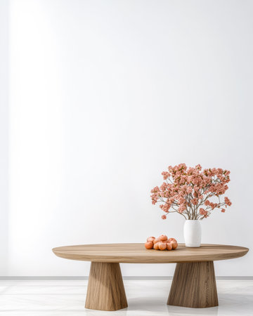 A simple wooden table holds a vase of pink flowers and a bowl of oranges. The backdrop is a plain white wall, emphasizing the minimalist design of the room.の素材