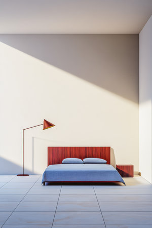 This serene bedroom features a wooden bed with two pillows, a modern floor lamp, and light streaming through large windows, creating a peaceful atmosphere perfect for relaxation.の素材