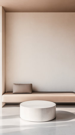A spacious modern living room features a simple bench with a cushion and a round coffee table. Soft natural light fills the room, highlighting its clean lines and neutral tones.の素材