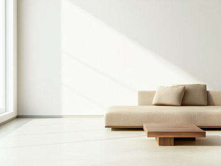A bright modern living room is filled with natural light streaming through large windows. A simple beige sofa and a low wooden coffee table create a calming atmosphere.の素材