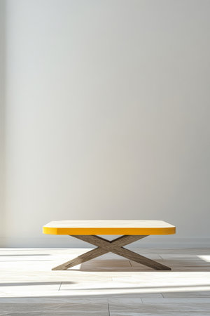 A sleek coffee table with a yellow top and wooden base sits in a bright room. Sunlight streams through the window, highlighting the minimalist design and clean lines.の素材
