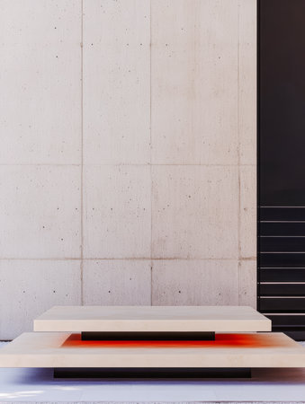 A modern space showcases a pair of simple wooden platforms sitting on a smooth surface, contrasted by a textured concrete wall, creating a unique and stylish atmosphere.の素材