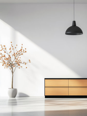 In a bright, minimalist room, a modern cabinet with wooden drawers sits next to a decorative tree. Sunlight streams in, casting shadows on the smooth floor, creating a warm atmosphere.の素材