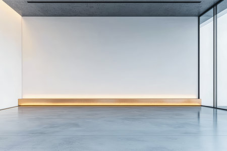 A spacious and empty gallery features clean lines and a minimalistic design. Large windows let in ample natural light, highlighting the smooth concrete floor and soft ambient lighting.の素材