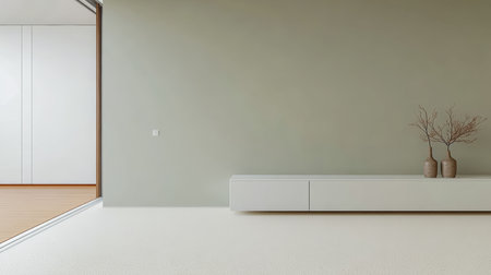 A modern living room showcases minimalistic design with a light color palette and clean lines. Natural decor elements like vases and branches add warmth to the serene space.の素材