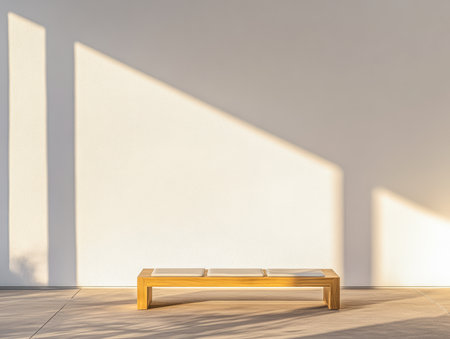 A wooden bench rests against a plain wall, illuminated by warm afternoon light. Shadows stretch across the floor, creating a serene and calming atmosphere in this minimalist setting.の素材