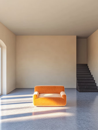 Natural light floods a minimalist room with an orange sofa as the focal point. A sleek staircase leads to an upper level, enhancing the spacious feel of the area.の素材