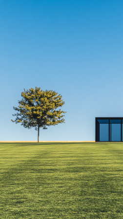 A modern house stands next to a single tree on a well-kept green lawn. The bright blue sky creates a serene backdrop, highlighting the simplicity of the scene.の素材