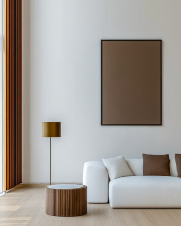 A bright and airy living room features a white sofa with brown cushions, a stylish lamp, and a round coffee table, creating a serene and inviting atmosphere.の素材