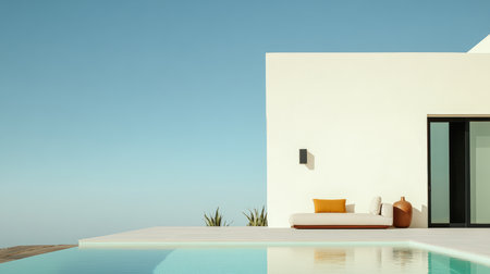 A spacious outdoor area features a sleek lounge chair positioned beside a calm pool. Surrounding scenery is minimal and tranquil, emphasizing the clear blue sky overhead.の素材