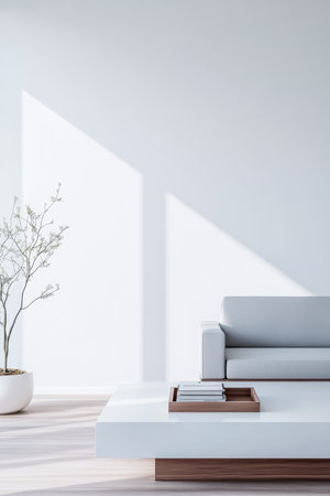 A cozy living room features a light gray sofa and a white coffee table on a wooden floor. Natural light floods the space, highlighting a small plant in the corner.の素材