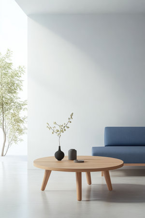 A modern living room features a round wooden table with decorative items, a blue sofa, and natural light flowing through a large window, creating a calm atmosphere.の素材