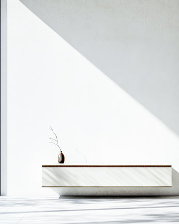 A spacious room features a clean white wall and a large window casting soft sunlight. A simple brown vase sits elegantly on a sleek white shelf, creating a calm atmosphere.の素材